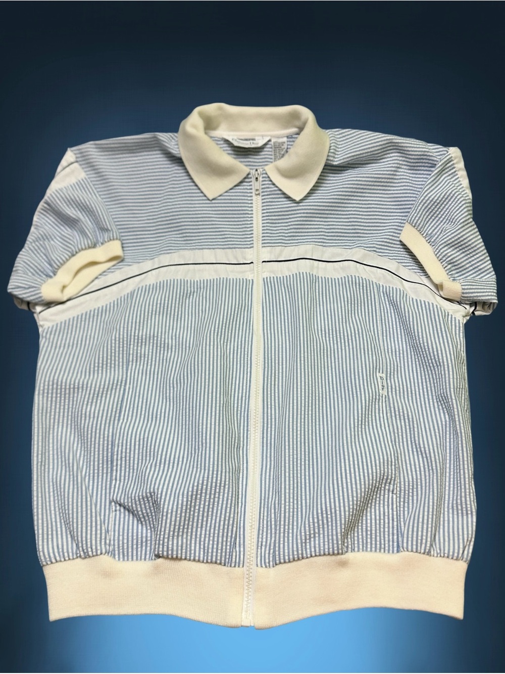 Christian Dior  Vintage Light Blue & Cream Short-Sleeve Zip Polo Sweater XL
